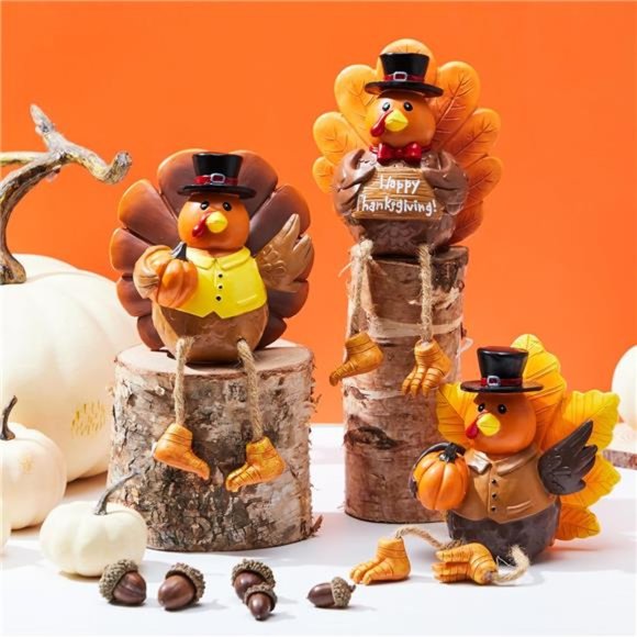 3 Pcs Thanksgiving Turkey Tabletop Centerpieces, Resin Turkey Figurine - Picture 4 of 7